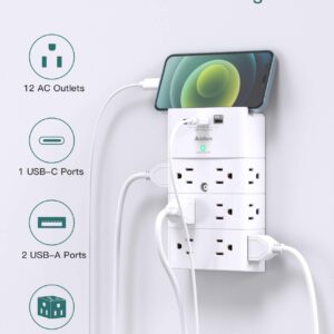 Multi Plug Outlet - Addtam Surge Protector Wall Mount with 12 Outlet Extender- 3 Sides and 3 USB Ports (1 USB-C), Outlet Splitter Power Strip for Home, Office, Hotel, White