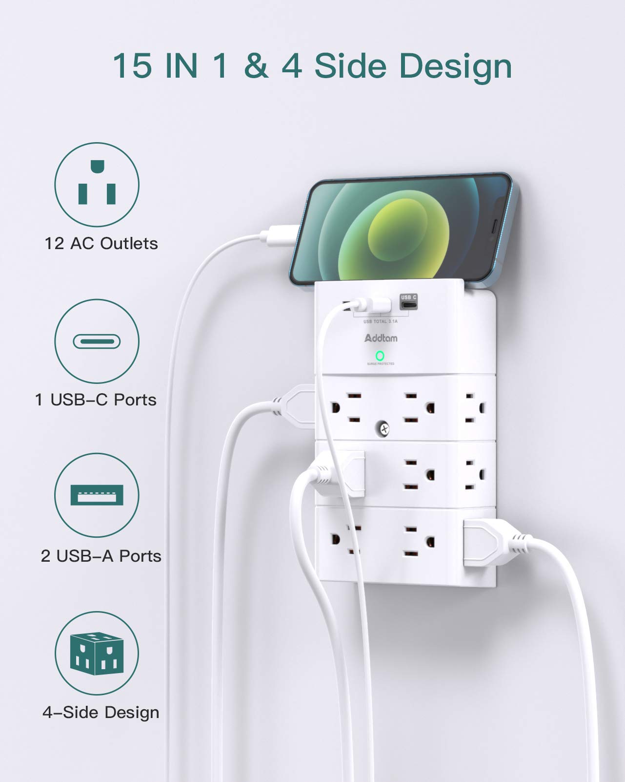 Multi Plug Outlet - Addtam Surge Protector Wall Mount with 12 Outlet Extender- 3 Sides and 3 USB Ports (1 USB-C), Outlet Splitter Power Strip for Home, Office, Hotel, White