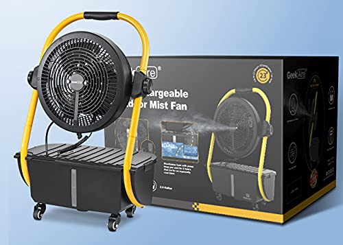 Geek Aire Battery Operated Misting Fan, Rechargeable Outdoor Floor Fan with 2.9 Gal Water Tank, Powered Waterproof Durable 15000mAh Battery Run for Patio, Camping Gear Accessories - 12 Inch