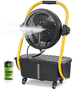 geek aire battery operated misting fan, rechargeable outdoor floor fan with 2.9 gal water tank, powered waterproof durable 15000mah battery run for patio, camping gear accessories - 12 inch