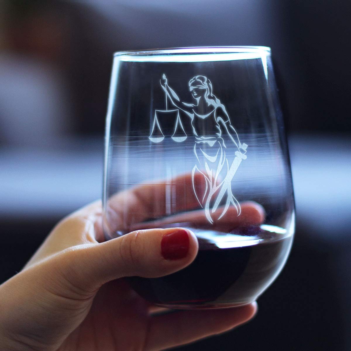 Lady Justice - Stemless Wine Glass - Lawyers and Attorneys Themed Gifts or Party Decor - Large 17 Ounce