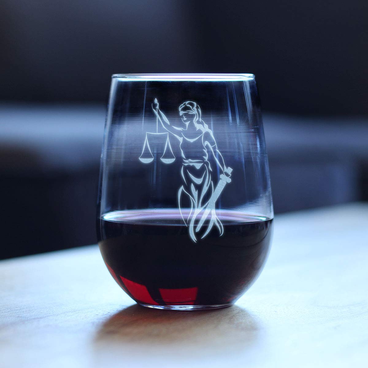 Lady Justice - Stemless Wine Glass - Lawyers and Attorneys Themed Gifts or Party Decor - Large 17 Ounce