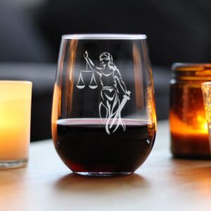 Lady Justice - Stemless Wine Glass - Lawyers and Attorneys Themed Gifts or Party Decor - Large 17 Ounce