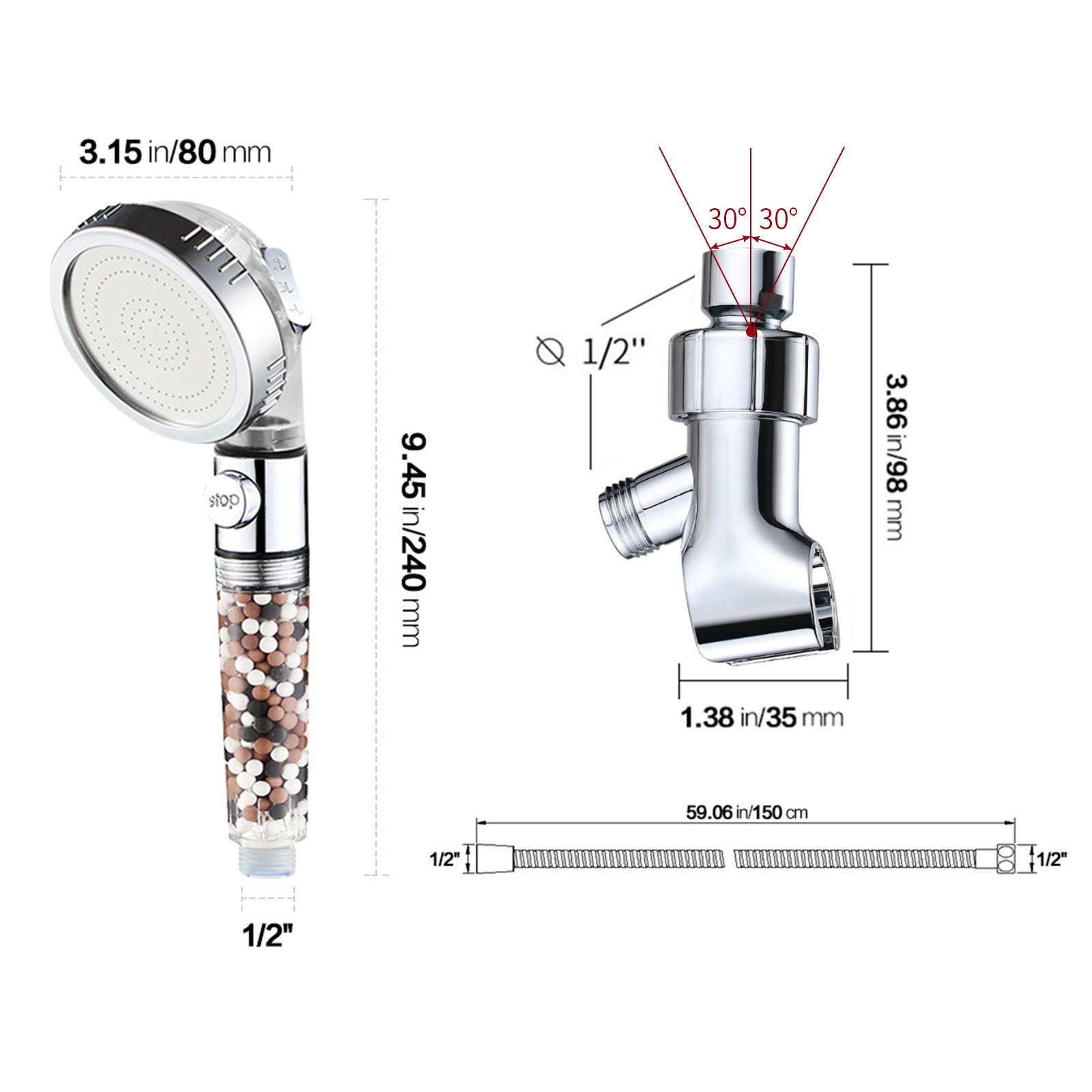 KAIYING Filtered Shower Head with Pausing Switch, High Pressure Hand Held Detachable and Removable Filter Showerhead with 5Ft Hose, Adjustable Angle Bracket (Transparent)