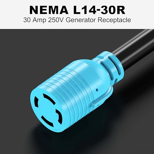 CircleCord NEMA TT-30P to L14-30R Adapter Cord, 30 Amp 3 Prong to 4 Prong Generator Plug Adapter, Generator Transfer Switch Adapter, Generator to House Inlet Box, STW 10 AWG Blue, ETL Listed