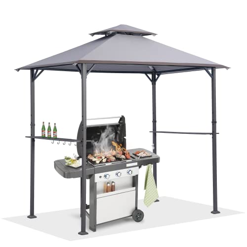 Easylee 8' x 5' Grill Gazebo for Outdoor BBQ, Steel Frame Gazebo with LED Lights and Hook, Double Tiered Barbecue Canopy Tent (Dark Grey)