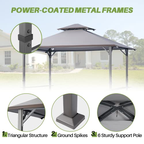 Easylee 8' x 5' Grill Gazebo for Outdoor BBQ, Steel Frame Gazebo with LED Lights and Hook, Double Tiered Barbecue Canopy Tent (Dark Grey)