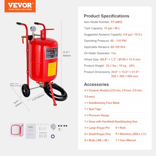 Sand Blaster VEVOR 10Gal Pot Sandblaster, 125 Psi Pressure Sand Blasting Complete Kit for Paint, Stain, Rust Removal and Special Surface Treatment of Material