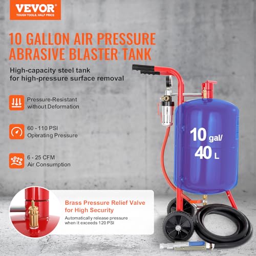 Sand Blaster VEVOR 10Gal Pot Sandblaster, 125 Psi Pressure Sand Blasting Complete Kit for Paint, Stain, Rust Removal and Special Surface Treatment of Material