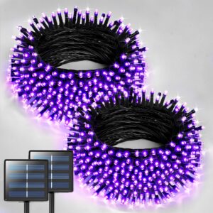 jmexsuss 2 pack purple solar christmas lights, total 400 led 151ft solar string lights outdoor waterproof, 8 modes purple christmas lights for outside tree patio party christmas halloween decorations
