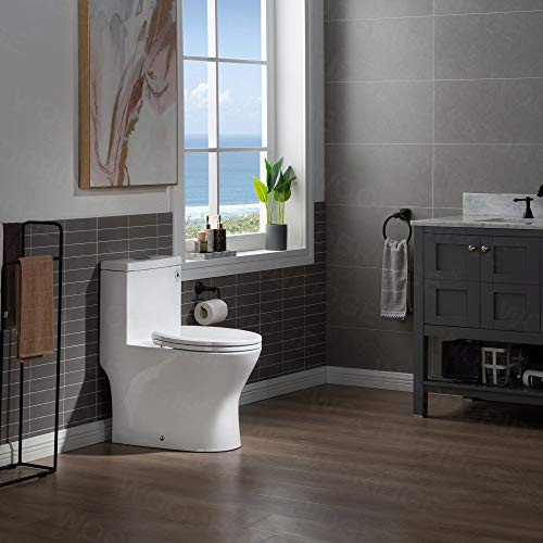 WOODBRIDGE Short Compact Tiny Dual Flush 1.28 GP One Piece Toilet,with Soft Closing Seat,1000 Gram MaP Flushing Score Small Toilet with Brushed Nickel Button B0500-BN, White