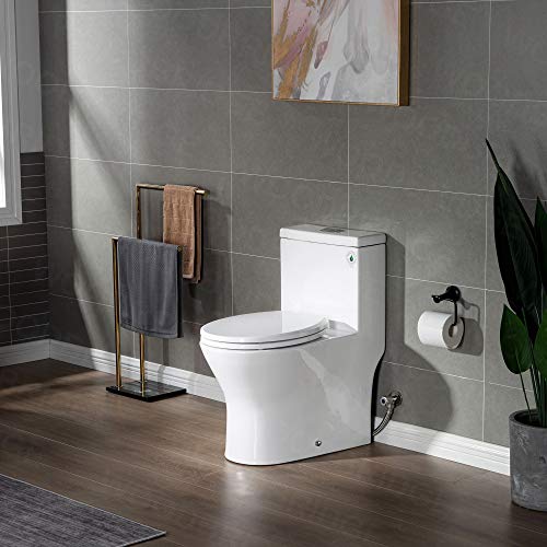 WOODBRIDGE Short Compact Tiny Dual Flush 1.28 GP One Piece Toilet,with Soft Closing Seat,1000 Gram MaP Flushing Score Small Toilet with Brushed Nickel Button B0500-BN, White