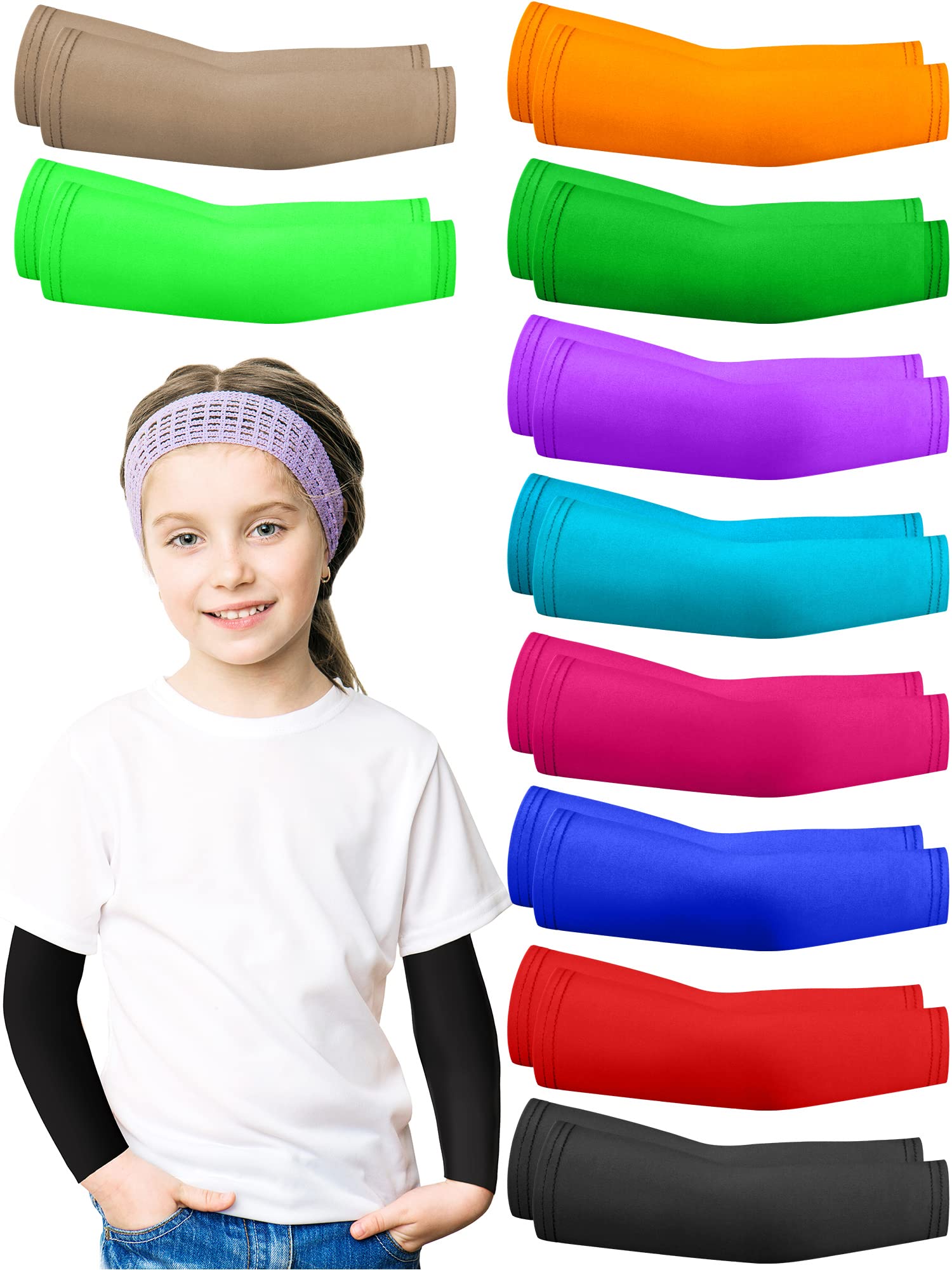 Geyoga 10 Pairs Kids Arm Sleeves Sun Protection Cooling UV Protection Sleeves Anti-slip Ice Silk Arm Covers for Boys and Girls (Mixed Colors, M Size)