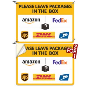 package delivery sign delivery instructions sign 2 pack leave packages in the box sign,two for one : 1 pcs super tough pvc+1 pcs self adhesive vinyl, rust-free, weather-proof