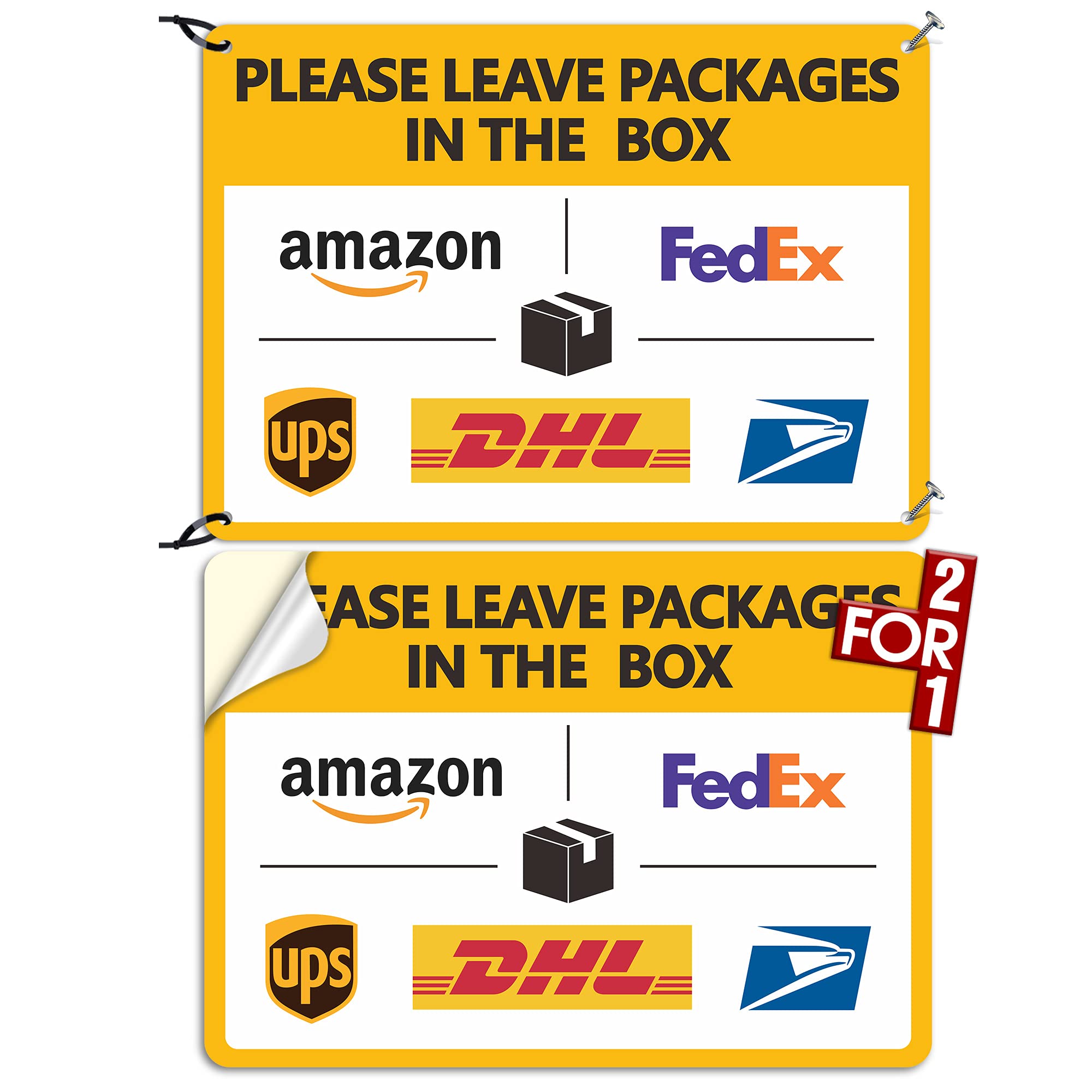Package Delivery Sign Delivery Instructions Sign 2 Pack Leave Packages in The Box Sign,Two For One : 1 Pcs Super Tough PVC+1 Pcs Self Adhesive Vinyl, Rust-Free, Weather-Proof