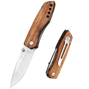 pocket knife with belt clip, folding tactical knife for camping hunting fishing, safety liner-lock, 8cr13mov stainless steel blade, zebra wood handle, fine edge