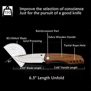 Pocket Knife with Belt Clip, Folding Tactical Knife for Camping Hunting Fishing, Safety Liner-Lock, 8cr13mov Stainless Steel Blade, Zebra Wood Handle, Fine Edge