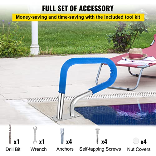 VEVOR Pool Rail 30x22 Pool Railing 304 Stainless Steel 250LBS Load Capacity Silver Rustproof Pool Handrail Humanized Swimming Pool Handrail with Blue Grip Cover & M8 Drill Bit & Self-Taping Screws
