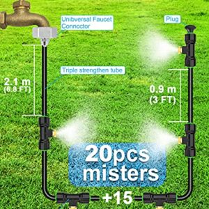 Misters for Outside Patio 63FT(19.2M)+21 Brass Mist Nozzles+a Brass Adapter(3/4") Detachable outdoor misting cooling system for Garden, waterpark, Greenhouse, Backyard, Fan, Umbrella, Deck, Canopy