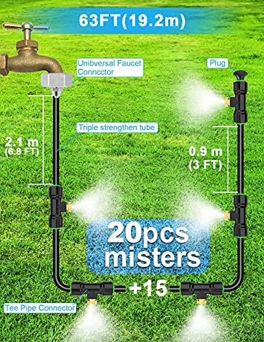 Misters for Outside Patio 63FT(19.2M)+21 Brass Mist Nozzles+a Brass Adapter(3/4") Detachable outdoor misting cooling system for Garden, waterpark, Greenhouse, Backyard, Fan, Umbrella, Deck, Canopy