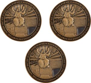 easter resurrection coin, he is risen, bulk pack of 3, handout for church service, christ is alive & empty tomb, jesus son of god challenge coin, religious antique gold-color plated prayer token gift