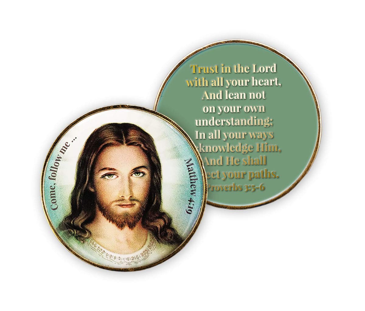 Love of Jesus Coin, Bulk Pack of 3, Trust in The Lord Man of God Bible Verse Faith Token, Gold Rimmed Religious Challenge Coin, Proverbs 3:5-6, God Gifts for Men