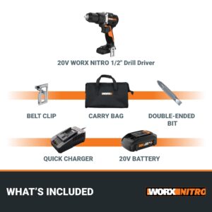 Worx Nitro 20V 1/2" Cordless Brushless Drill Driver 535 in-lbs. Torque and Heavy-Duty 1/2" Chuck, Drill Set with Storage Bag, Cordless Drill Power Share Compatible WX102L – Battery & Charger Included