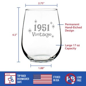 Vintage 1951-73rd Birthday Stemless Wine Glass Gifts for Women & Men Turning 73 - Bday Party Decor - Large Glasses