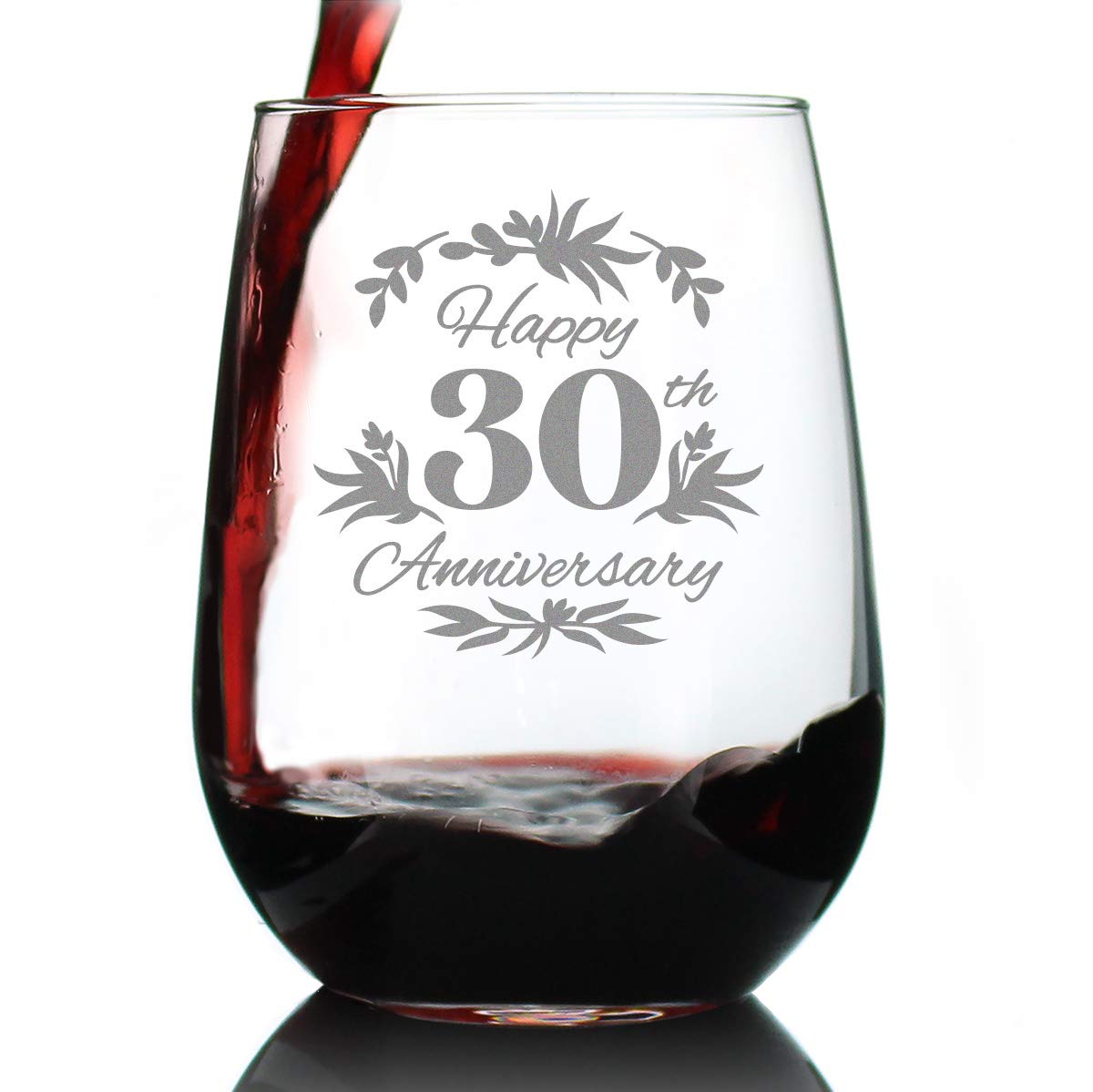 Happy 30th Anniversary - Stemless Wine Glass Gifts for Women & Men - 30 Year Anniversary Party Decor - Large 17 Ounce Glasses