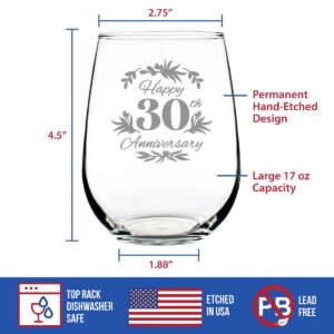 Happy 30th Anniversary - Stemless Wine Glass Gifts for Women & Men - 30 Year Anniversary Party Decor - Large 17 Ounce Glasses