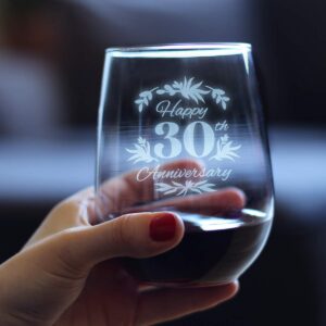 Happy 30th Anniversary - Stemless Wine Glass Gifts for Women & Men - 30 Year Anniversary Party Decor - Large 17 Ounce Glasses