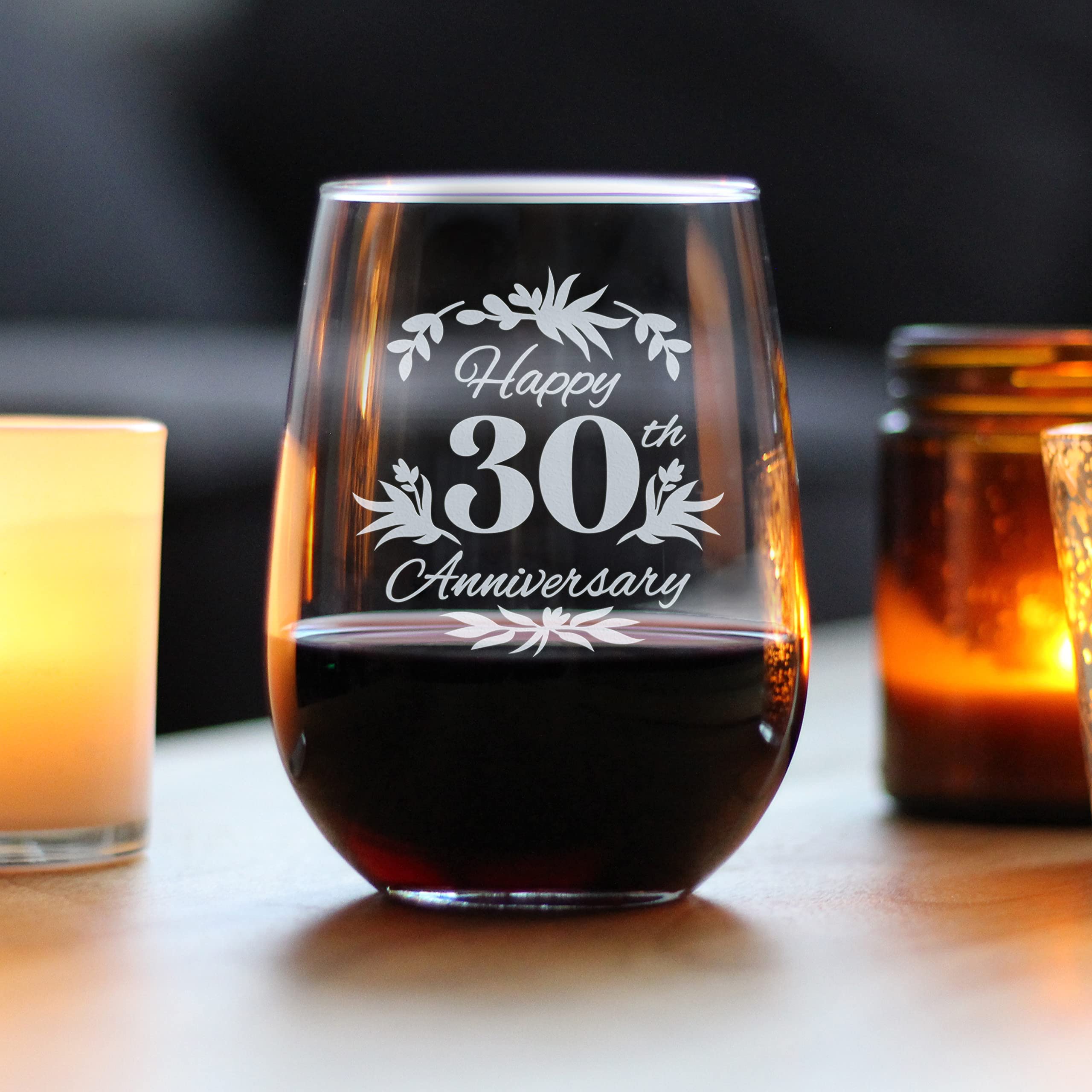 Happy 30th Anniversary - Stemless Wine Glass Gifts for Women & Men - 30 Year Anniversary Party Decor - Large 17 Ounce Glasses