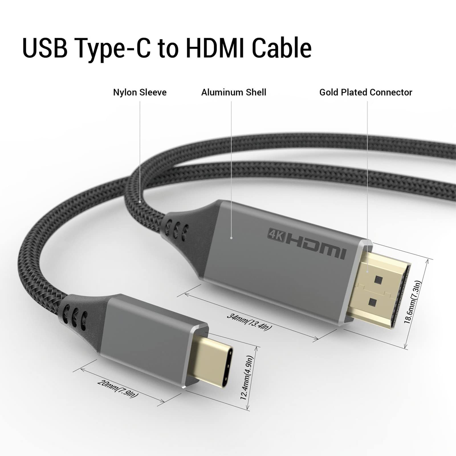 USB C to HDMI Cable 6FT, 4K USB Type-C to HDMI Ports Nylon Braided Cable for Home Office