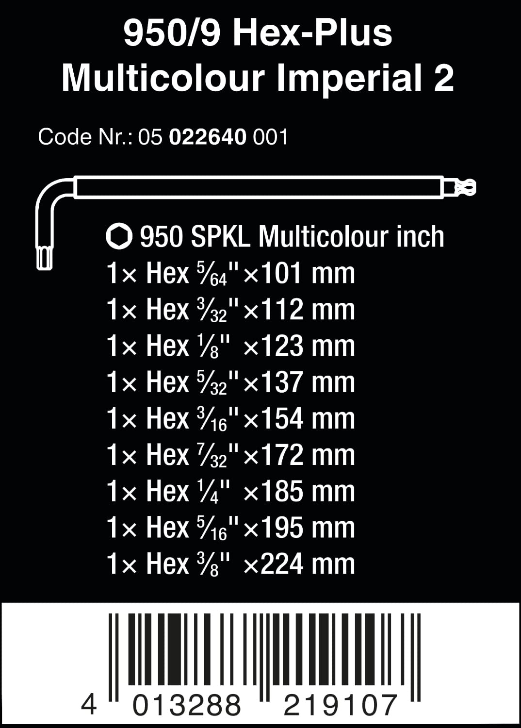 Wera 05022640001 950/9 Hex-Plus Multicolour Imperial 2 L-Key Set, Imperial, BlackLaser, 9 Pieces