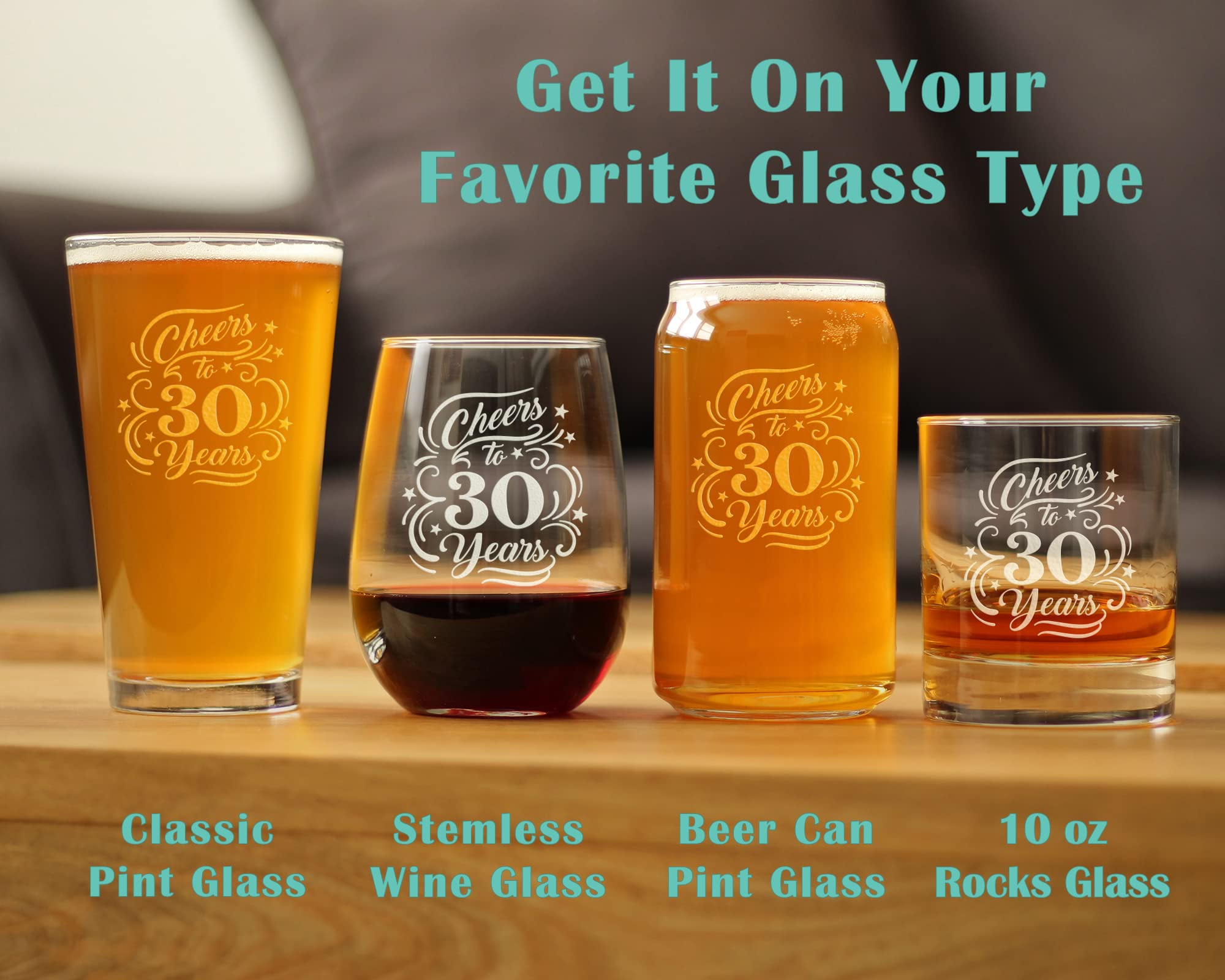 Cheers to 30 Years - Stemless Wine Glass Gifts for Women & Men - 30th Anniversary or Birthday Party Decor - Large 17 Ounce Glasses