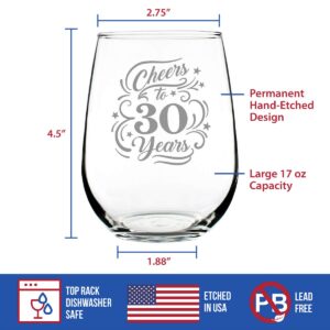 Cheers to 30 Years - Stemless Wine Glass Gifts for Women & Men - 30th Anniversary or Birthday Party Decor - Large 17 Ounce Glasses