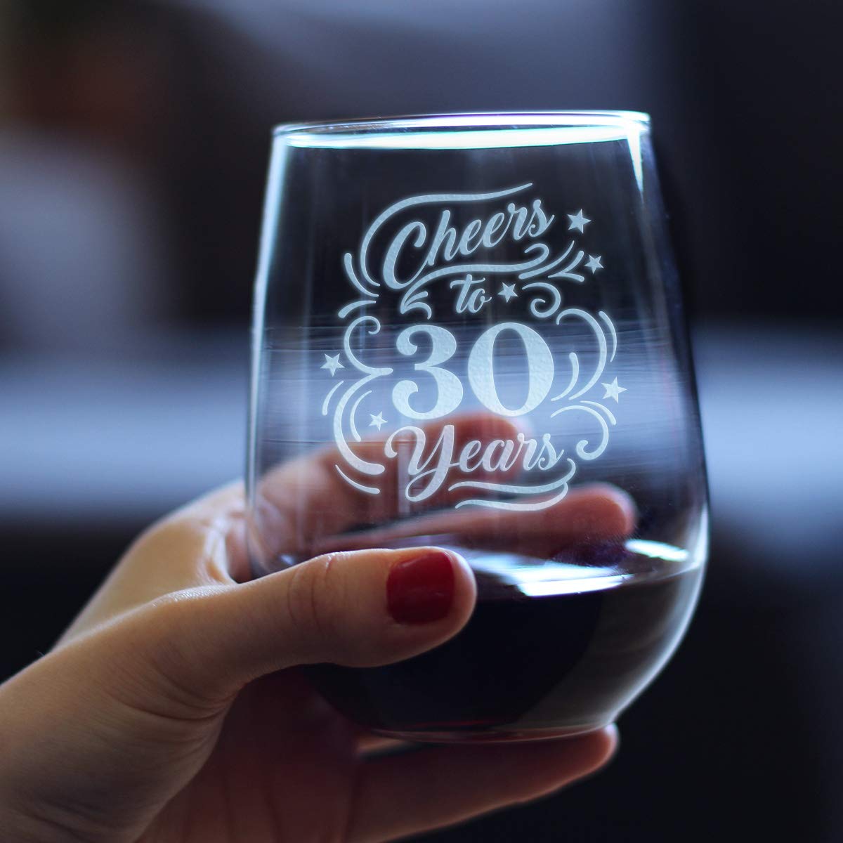 Cheers to 30 Years - Stemless Wine Glass Gifts for Women & Men - 30th Anniversary or Birthday Party Decor - Large 17 Ounce Glasses