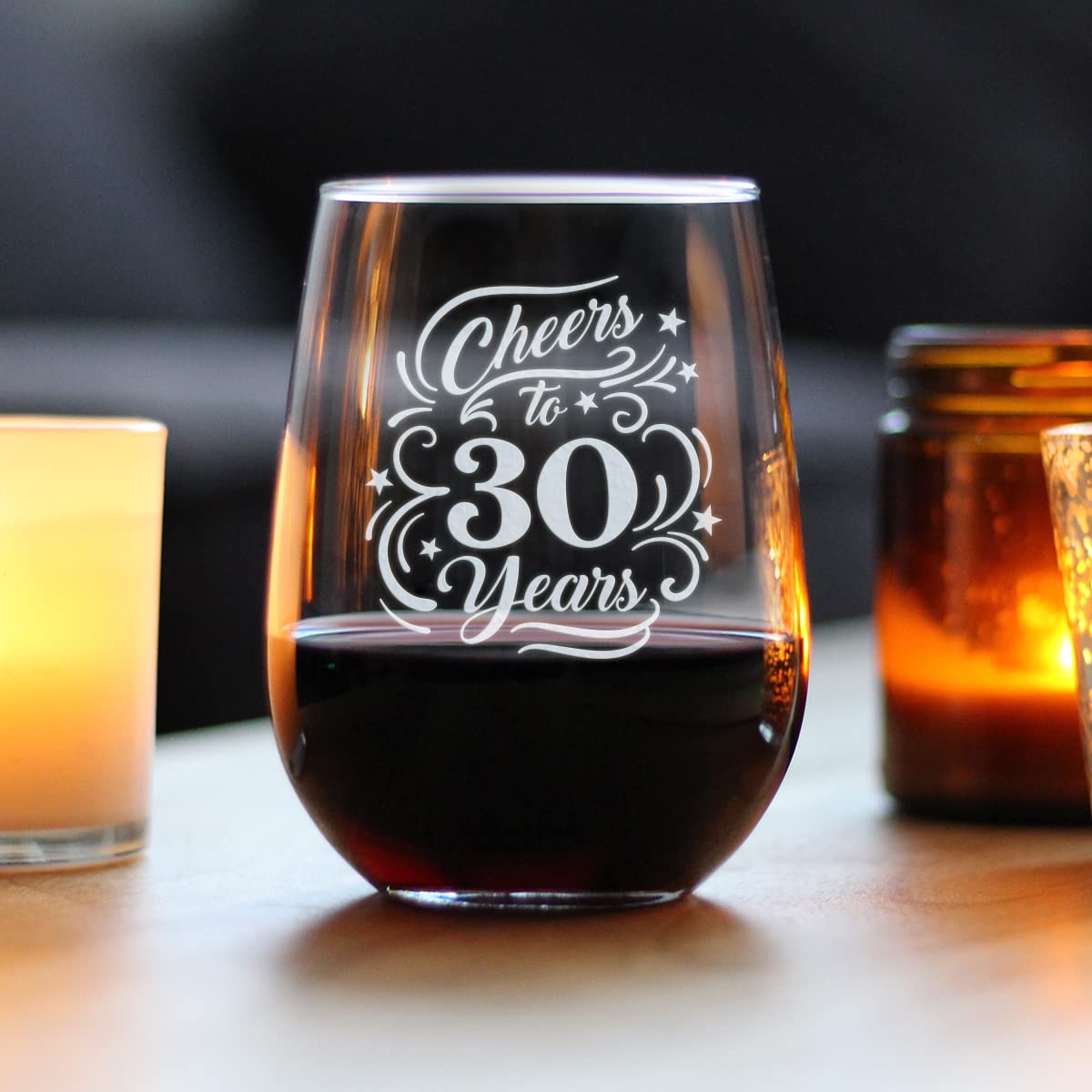 Cheers to 30 Years - Stemless Wine Glass Gifts for Women & Men - 30th Anniversary or Birthday Party Decor - Large 17 Ounce Glasses