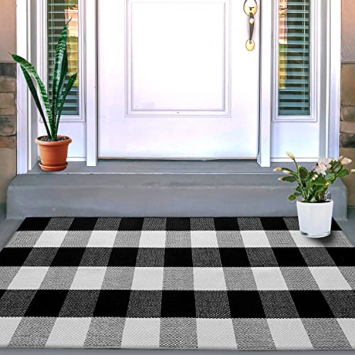 VUDECO Black and White Checkered Rug 23.5” x 52” Large Buffalo Plaid Rug Outdoor Front Porch Rug Door Mat Decor Kitchen Rug Farmhouse Style Christmas Door Mat Checkered Runner Rug