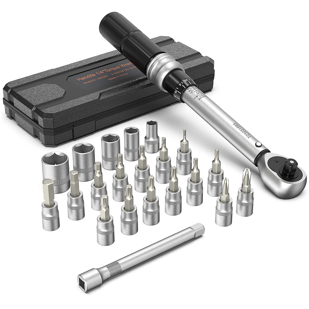 1/4" Torque Wrench Handife 5-25 Nm Drive Click Torque Wrench Set Bike Maintenance kit 1/4 Inch High Precision Repair Spanner Key with Double Scale, Two-Way Ratchet with Wrench Socket Bit Extension Bar