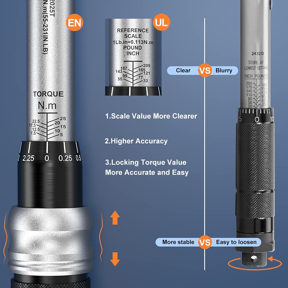 1/4" Torque Wrench Handife 5-25 Nm Drive Click Torque Wrench Set Bike Maintenance kit 1/4 Inch High Precision Repair Spanner Key with Double Scale, Two-Way Ratchet with Wrench Socket Bit Extension Bar