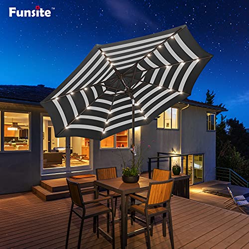 Funsite 9ft Patio Umbrella with Solar Lights, Outdoor Umbrella with 24 LED Solar Umbrella Lights, Solar Patio Umbrella with Push Botton Tilt & Crank Ideal for Garden, Backyard & Pool, Black Stripe