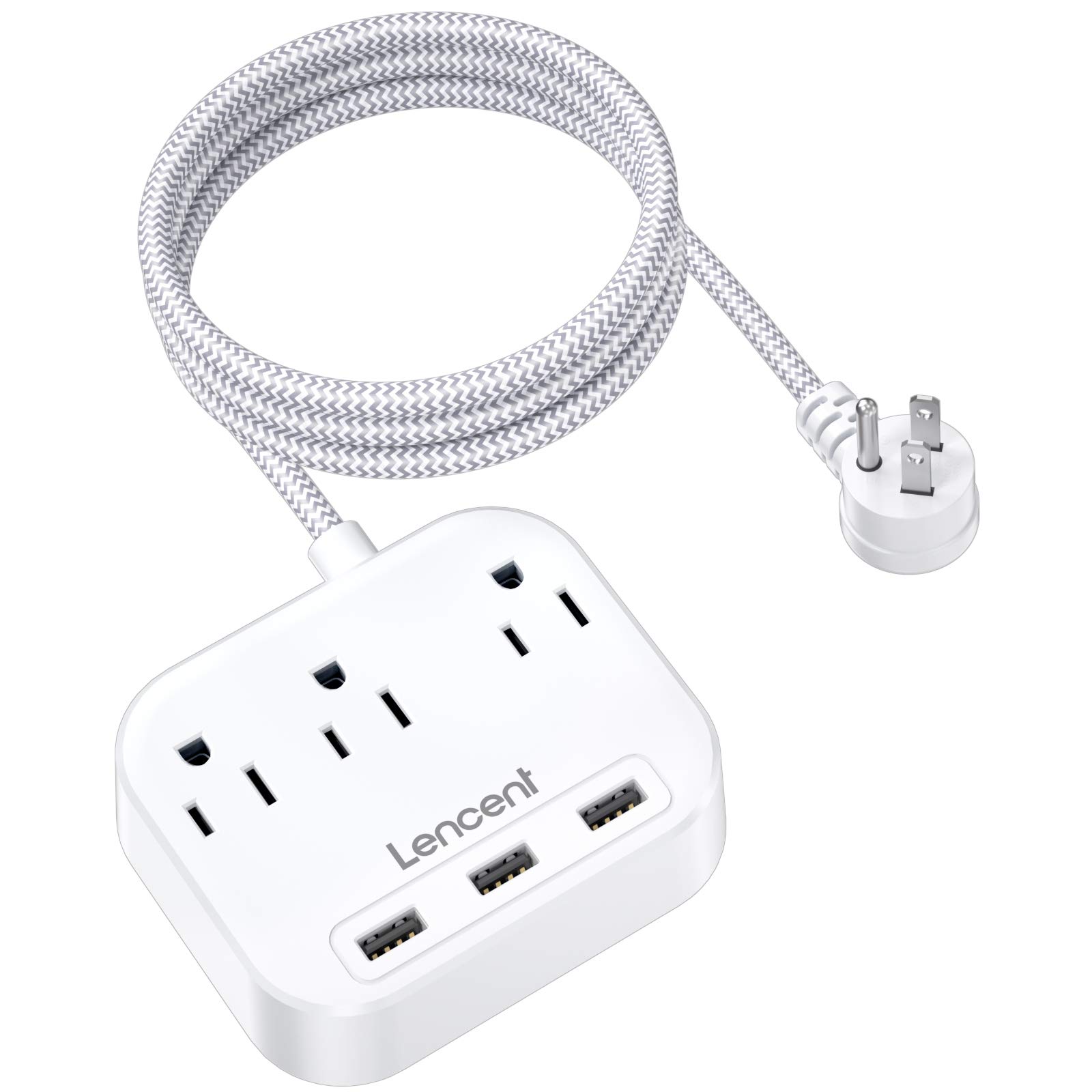 LENCENT Power Strip with USB, 3 Outlet 3 USB Charging Ports (17W/ 3.4A), Flat Plug with 6.6ft Braided Extension Cord, Desktop & Wall Mountable, Compact for Cruise Ship, Travel, Home, Office-ETL LISTED