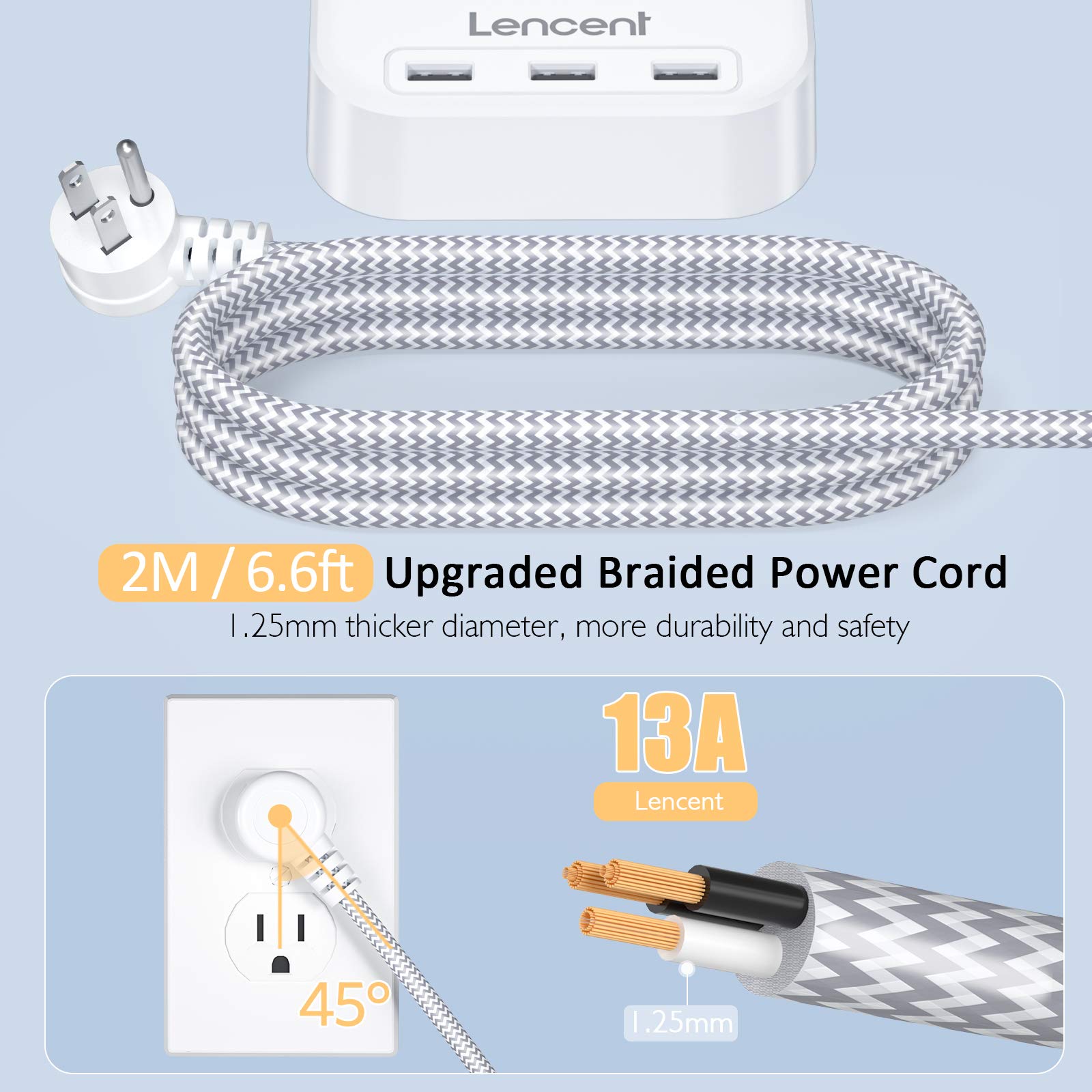 LENCENT Power Strip with USB, 3 Outlet 3 USB Charging Ports (17W/ 3.4A), Flat Plug with 6.6ft Braided Extension Cord, Desktop & Wall Mountable, Compact for Cruise Ship, Travel, Home, Office-ETL LISTED