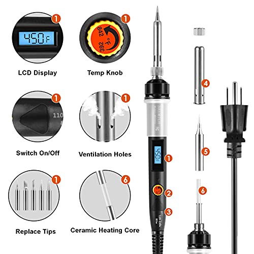 Soldering Iron Kit Electronics,80W Digital LCD Display Welding Iron (392℉ - 842℉) With On/Off Switch And Temperature Adjustable, Fast-Heating Ceramic Thermostatic Design Soldering Kit