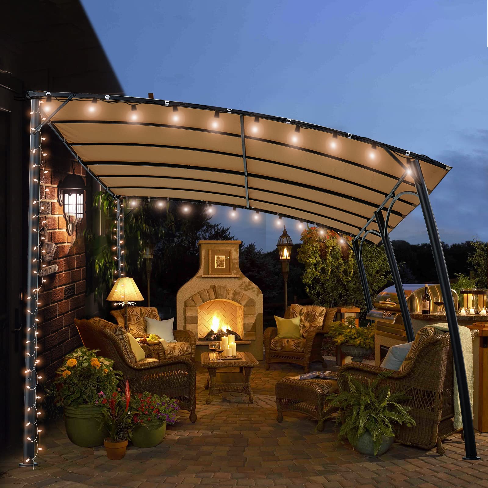 AECOJOY 13'x10' Sun Shade ,Wall Canopy Sunsetter Deck Awning Gazebo with Steel Stand,Outdoor Free Standing, for Porch,Patio,Backyard,Beige