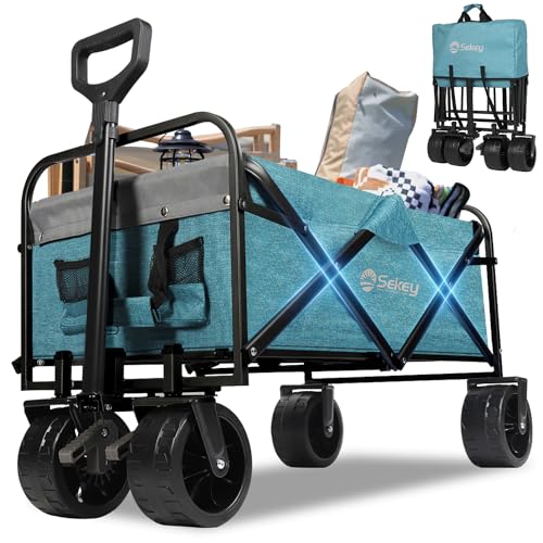 Sekey Heavy Duty Foldable Wagon with 220lbs Weight Capacity, Collapsible Folding Utility Garden Cart with Big All-Terrain Beach Wheels & Drink Holders.Light Blue