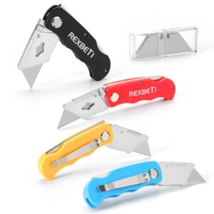 REXBETI 4-Pack Folding Utility Knife Quick-change SK5 Box Cutter for Cartons, Cardboard and Boxes, Back-lock Mechanism with 10 Extra Blades