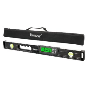huepar digital torpedo level and protractor 24 inch with 2 high-accuracy bubble vials & lcd display, aluminum alloy electronic magnetic level tool, bottom ruler, soft rubber handle & carrying bag-tl60