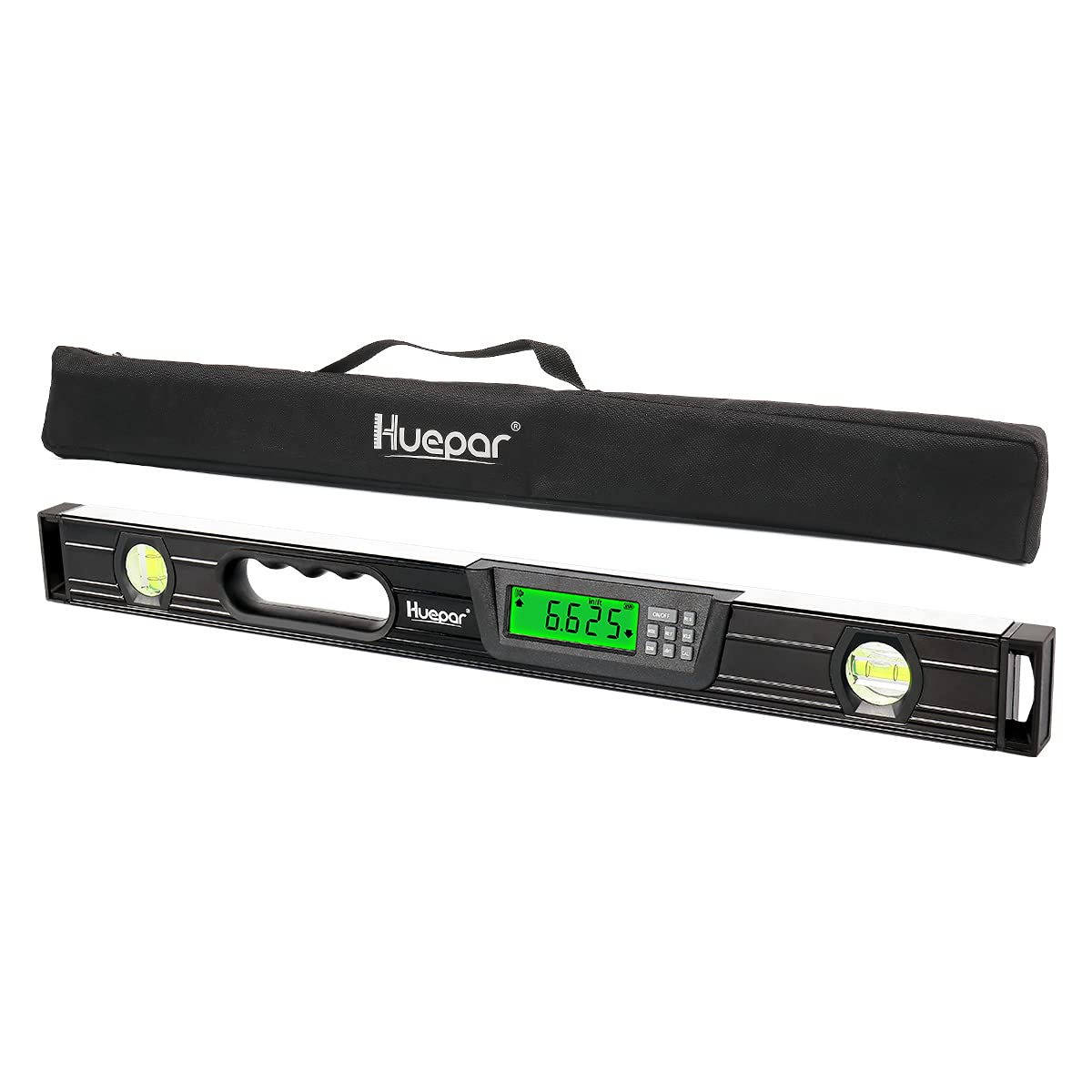 Huepar Digital Torpedo Level and Protractor 24 Inch with 2 High-Accuracy Bubble Vials & LCD Display, Aluminum Alloy Electronic Magnetic Level Tool, Bottom Ruler, Soft Rubber Handle & Carrying Bag-TL60